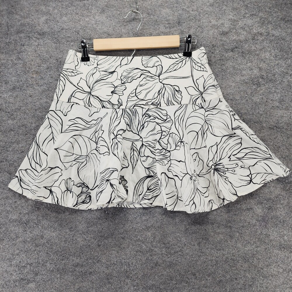 H&M Skirt Womens US 4 Linen Blend White Floral A Line Flippy